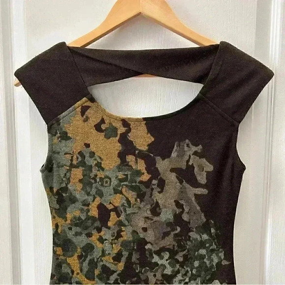 Le Chateau Midi Dress Sleeveless Stretch  Knit Brown Green Print Size XS - Picture 7 of 16
